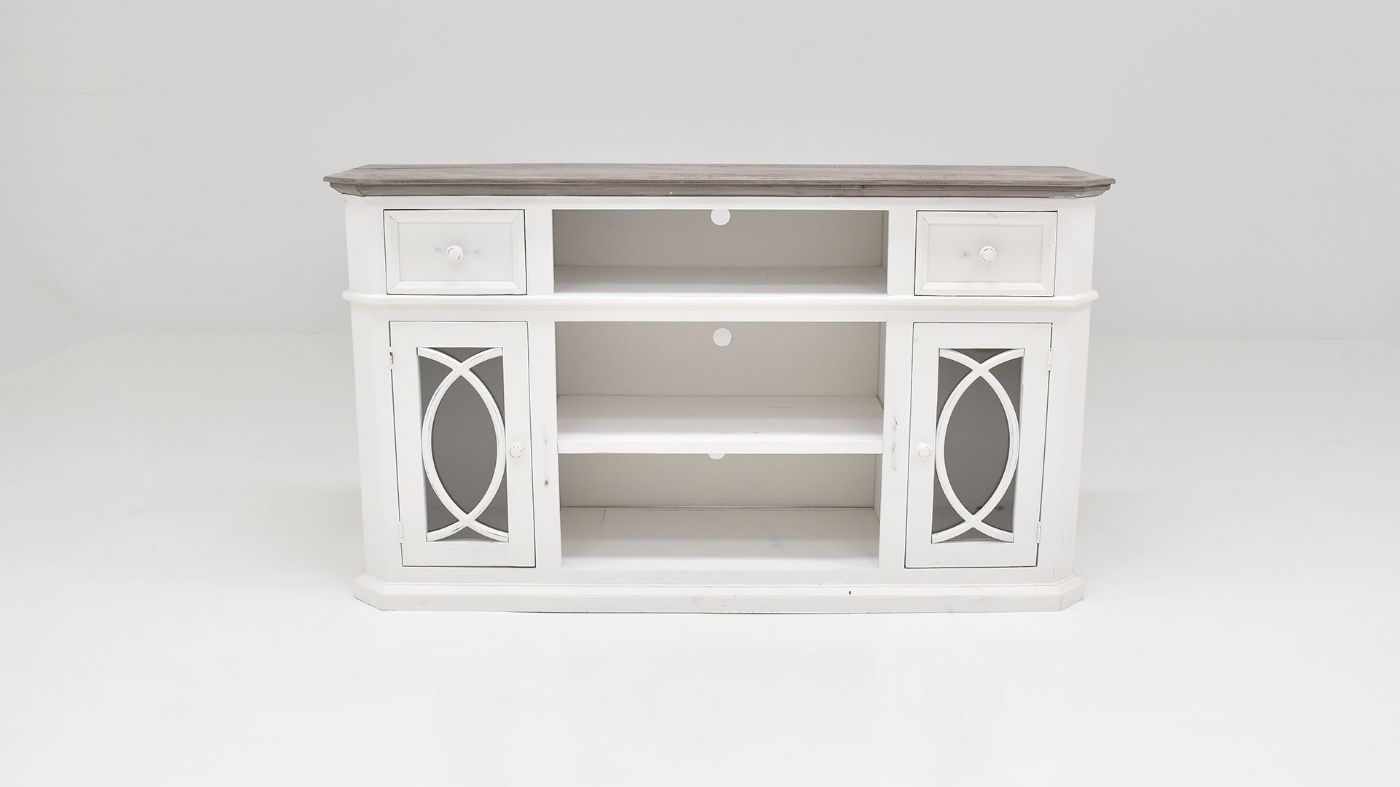 Front Facing View of the Fish TV Stand with Storage in White by Vintage Furniture | Home Furniture Plus Bedding