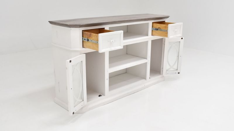 Angled View of the Fish TV Stand with Storage in White by Vintage Furniture | Home Furniture Plus Bedding