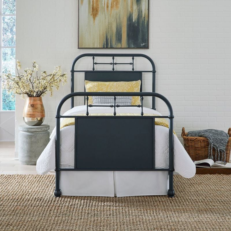 View from the Foot of the Vintage Twin Size Metal Bed in Navy by Liberty Furniture | Home Furniture Plus Bedding