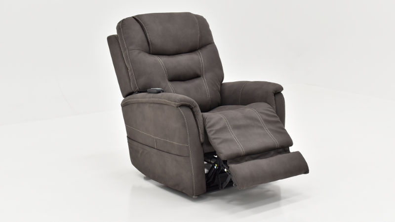 Slightly Reclined Angled View of the Mega Motion Lift Chair in Dark Gray | Home Furniture Plus Bedding