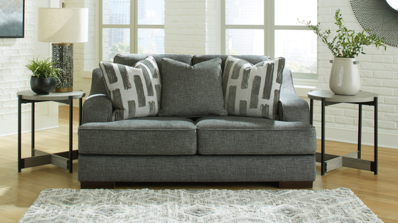 Lessinger Loveseat with Pewter Gray Upholstery in a Room Setting | Home Furniture Plus Bedding
