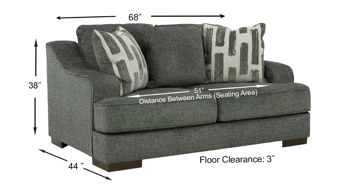 Lessinger Loveseat with Pewter Gray Upholstery with Dimension Details | Home Furniture Plus Bedding