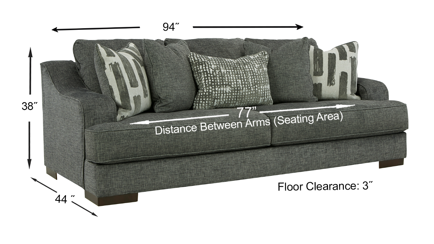 Lessinger Sofa with Pewter Gray Upholstery With Dimension Details | Home Furniture Plus Bedding	