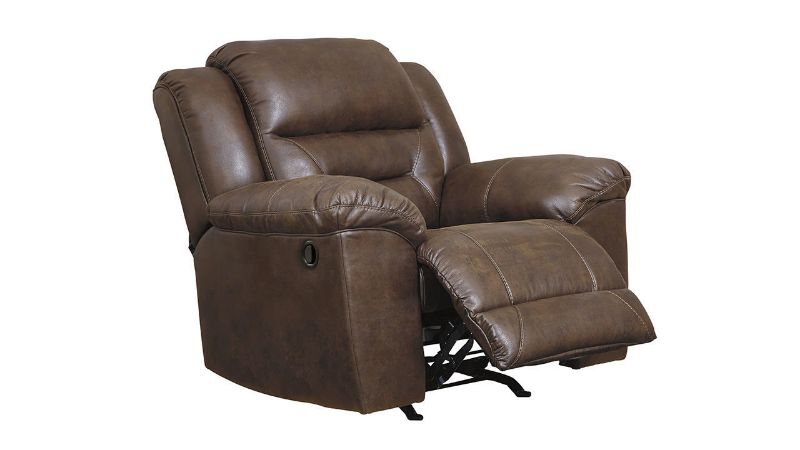 Slightly Angled View of the Stoneland Rocker Recliner  in Brown with Opened Footrest  by Ashley Furniture | Home Furniture Plus Bedding