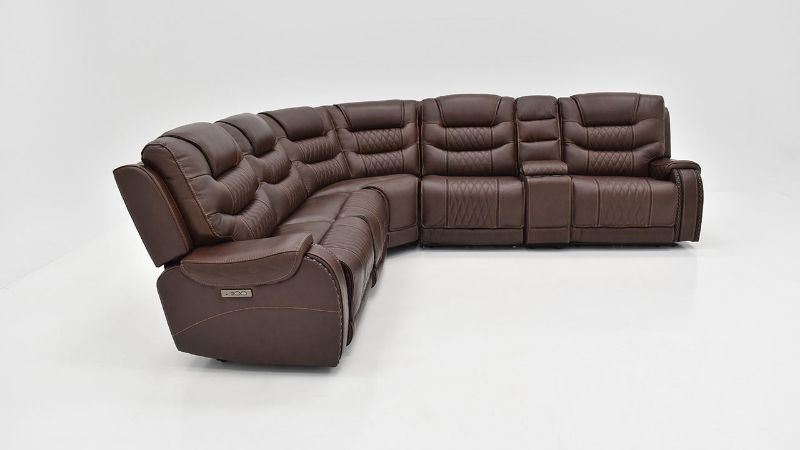 Slightly Angled View of the Elliot POWER Leather Reclining Sectional Sofa in Brown by Man Wah | Home Furniture Plus Bedding