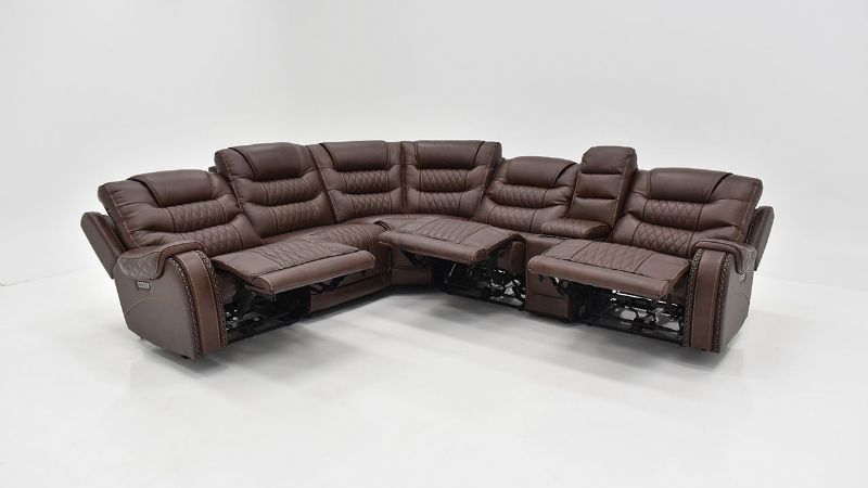Slightly Angled View of the Elliot POWER Leather Reclining Sectional Sofa in Brown with Extended Footrests by Man Wah | Home Furniture Plus Bedding