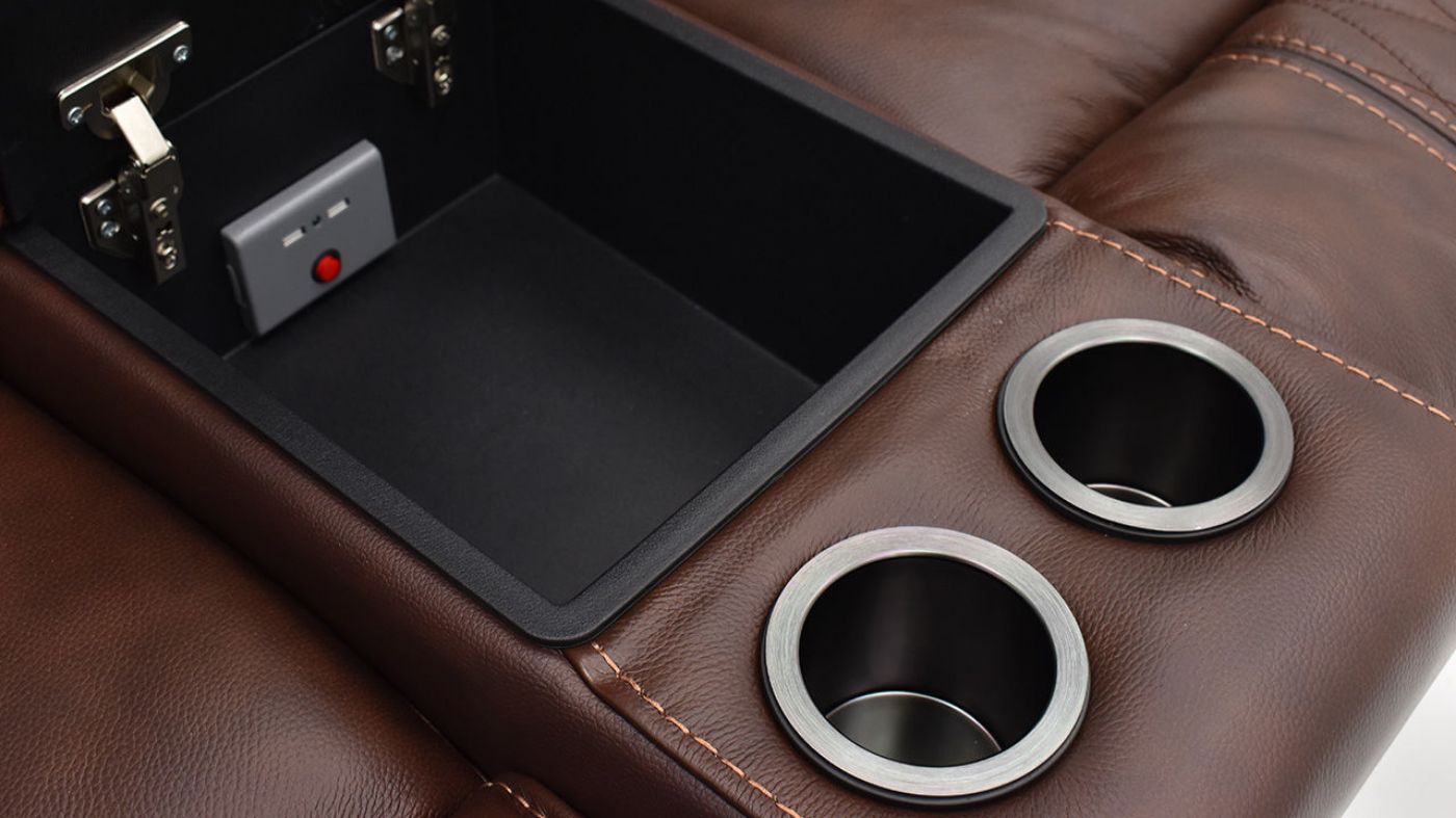 Close Up View of the Console Interior and Cup Holders on the Elliot POWER Leather Reclining Sectional Sofa in Brown by Man Wah | Home Furniture Plus Bedding