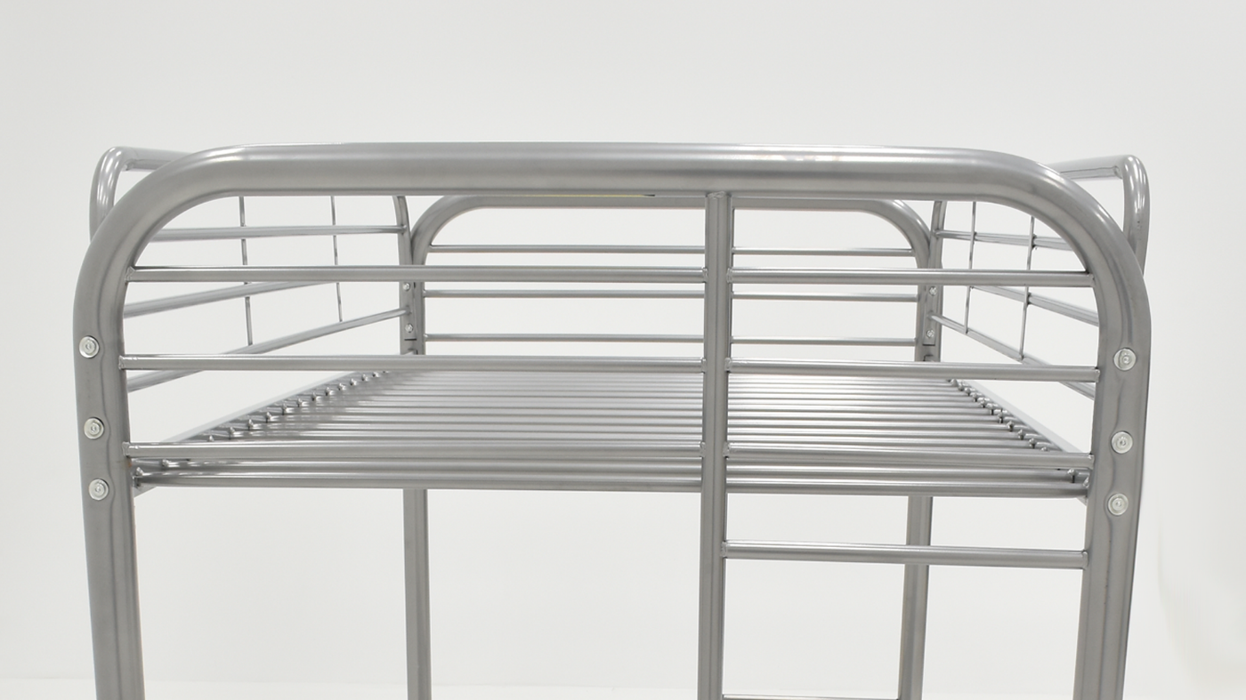 Close Up of the Upper Bunk Bed Rails on the Silver Metal Bunk Bed - Twin Over Twin Slightly Angled | Home Furniture Plus Bedding