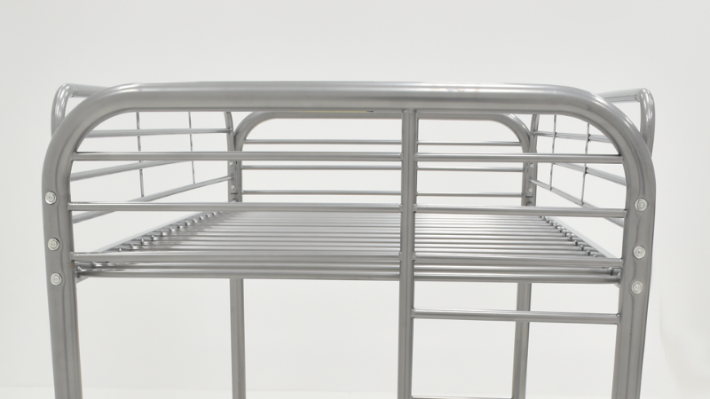 Close Up of the Upper Bunk Bed Rails on the Silver Metal Bunk Bed - Twin Over Twin Slightly Angled | Home Furniture Plus Bedding