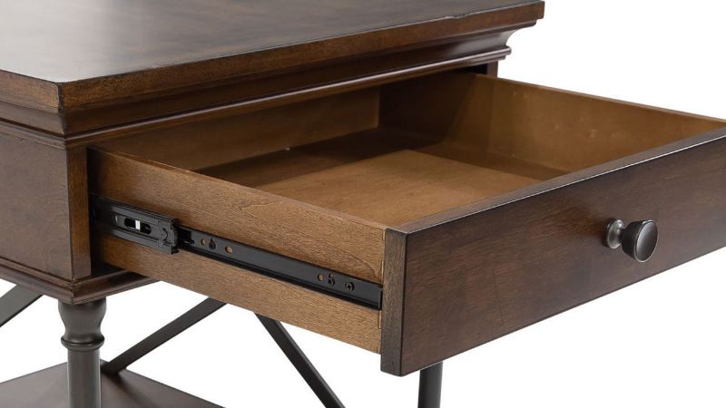Angled View with Drawer Opened of the Tribeca End Table in Brown by Liberty Furniture | Home Furniture Plus Bedding