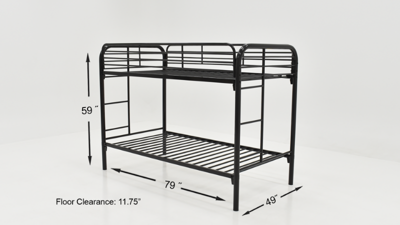 Black Metal Bunk Bed - Twin Over Twin with Dimension Details | Home Furniture Plus Bedding	