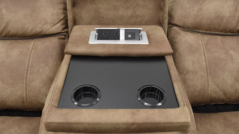 Drop Down Console View of the Nashville Reclining Sofa in Brown by Steve Silver | Home Furniture Plus Bedding