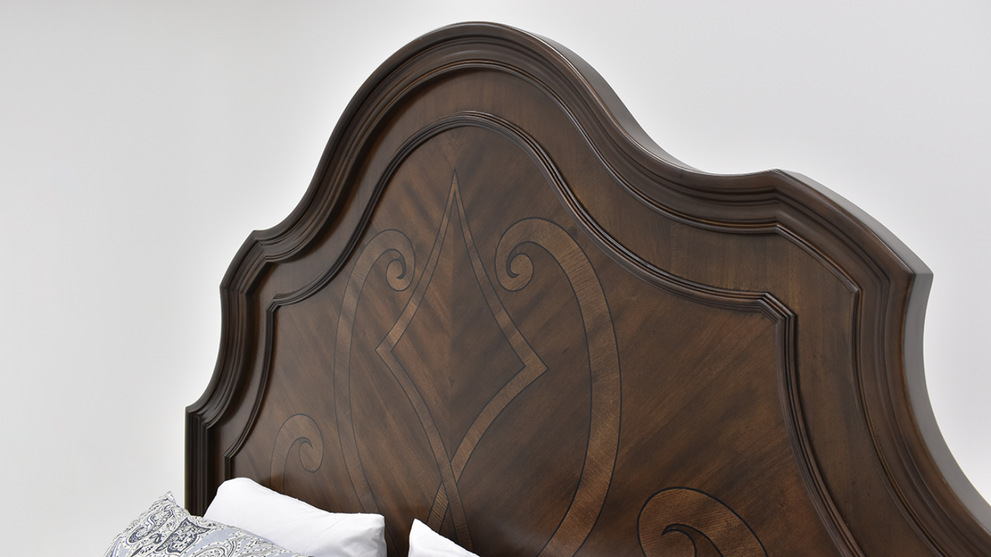 Closeup Headboard View of the Brown Plaza Queen Size Bed by Avalon Furniture | Home Furniture Plus Bedding
