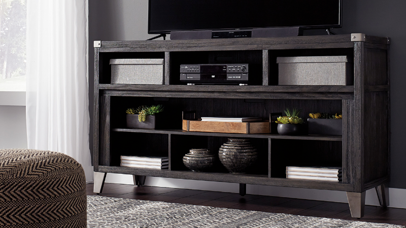 Room View of the Todoe TV Stand Console Table in Gray by Ashley Furniture |  Home Furniture Plus Bedding