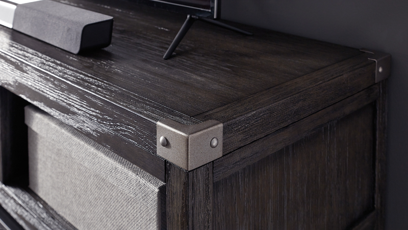Close Up View of the Todoe TV Stand Console Table in Gray by Ashley Furniture |  Home Furniture Plus Bedding