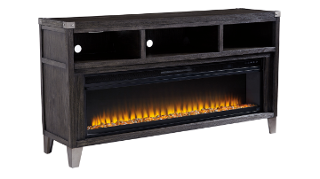 Room View of the Todoe TV Stand Console Table with Fireplace Insert in Gray by Ashley Furniture | Home Furniture Plus Bedding Room View of the Todoe TV Stand Console Table with Fireplace Insert in Gray by Ashley Furniture | Home Furniture Plus Bedding