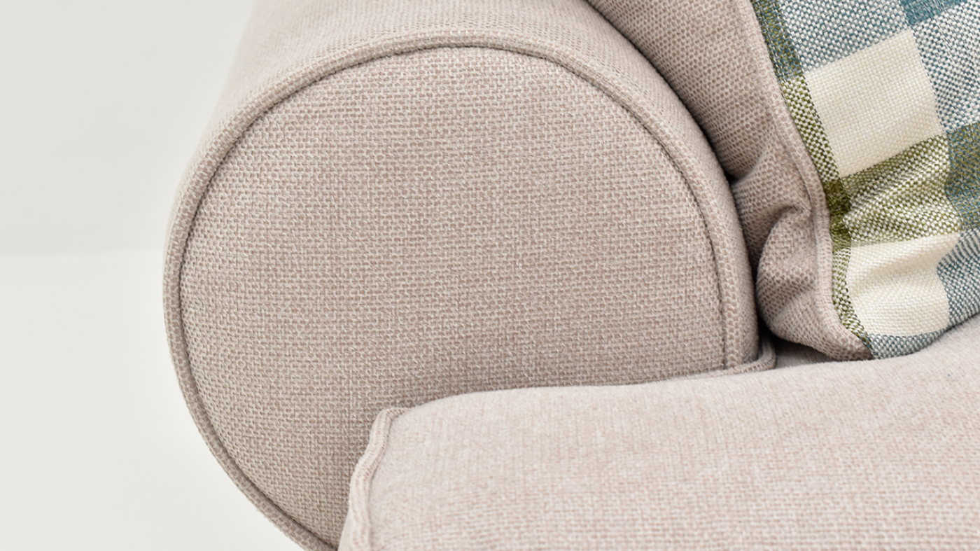 	Close Up View of the Arm on the Feather Sofa Set in Off-White by Behold Home | Home Furniture Plus Bedding