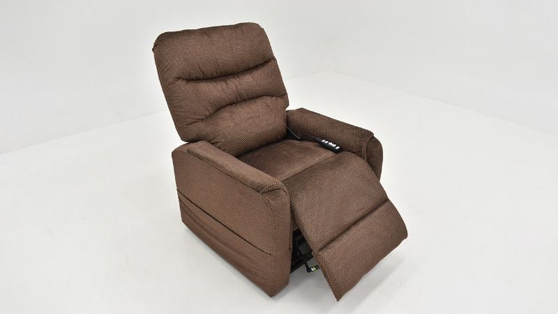 Slightly Angled View of the Mega Motion Lift Recliner Chair in Brown  With Extended Footrest | Home Furniture Plus Bedding
