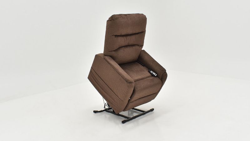 Slightly Angled View of the Mega Motion Lift Recliner Chair in Brown  With Seat Lifted for Ease of Standing | Home Furniture Plus Bedding