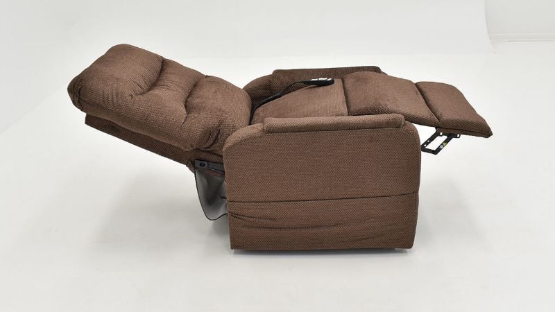 View of the Fully Reclined Mega Motion Lift Recliner Chair in Brown  With Seat Lifted for Ease of Standing | Home Furniture Plus Bedding