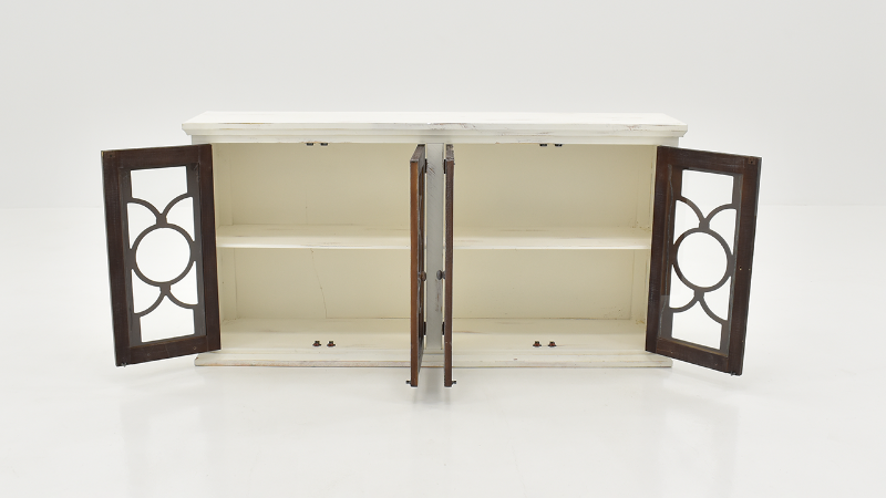 Open Door  View of the Windamere 4 Door Console in Off White by Vintage Furniture | Home Furniture Plus Bedding
