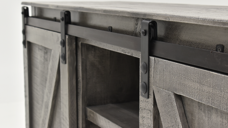 Close Up of Black Metal Hardware on the Collins TV Stand Console - Gray | Home Furniture Plus Bedding