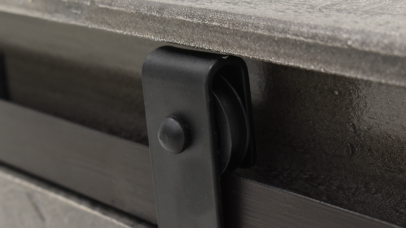 Close Up of Black Metal Roller and Hanger on the Collins TV Stand Console - Gray | Home Furniture Plus Bedding