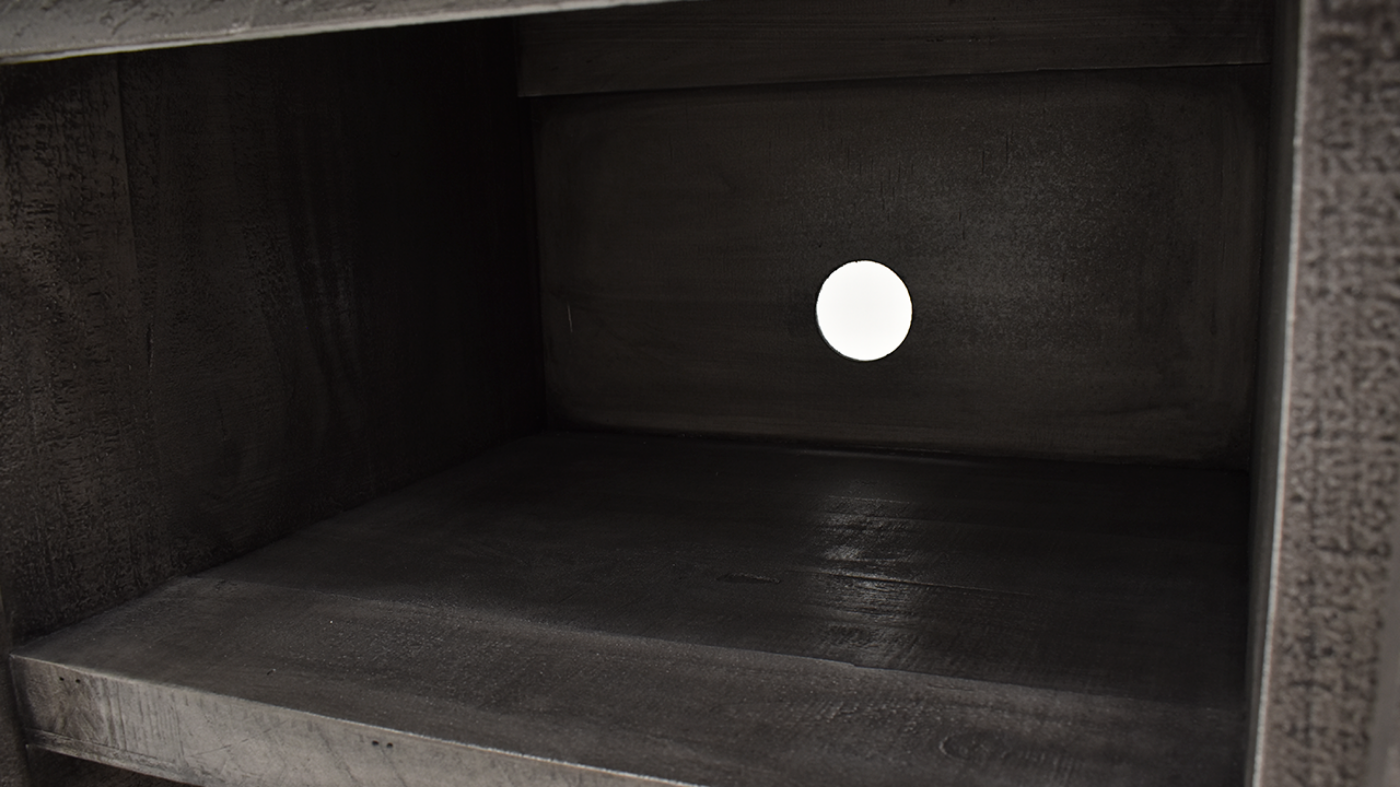 Close Up of One of the Cubby Storage Spaces with Cord Management Cut Out on the Collins TV Stand Console - Gray | Home Furniture Plus Bedding
