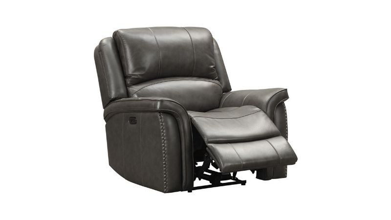 Slightly Angled Open View of the Gaspar POWER Leather Recliner in Gray by Ashley Furniture | Home Furniture Plus Bedding