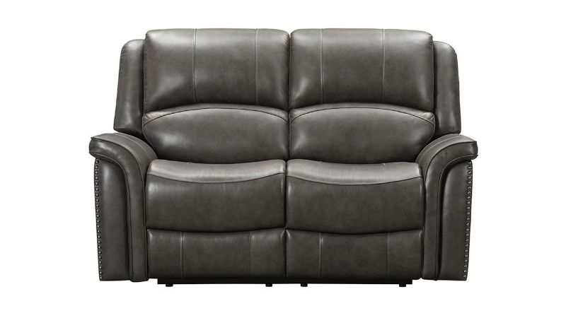 Front Facing View of the Gaspar POWER Reclining Leather Loveseat in Gray by Ashley Furniture | Home Furniture Plus Bedding