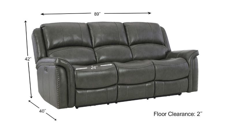 Dimension Details of the Gaspar POWER Reclining Leather Sofa in Gray by Ashley Furniture | Home Furniture Plus Bedding