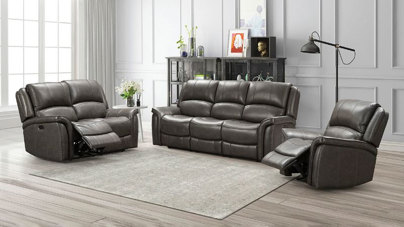 Room View of the Gaspar POWER Reclining Leather Sofa Set in Gray by Ashley Furniture | Home Furniture Plus Bedding