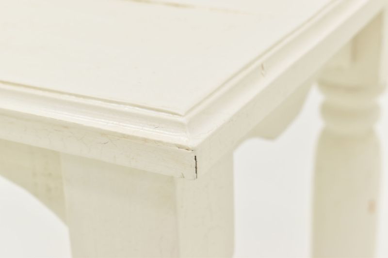 Close Up View of the Corner and Scalloped Apron on the Bellevue Sofa Table in Off-White by Vintage Furniture | Home Furniture Plus Bedding