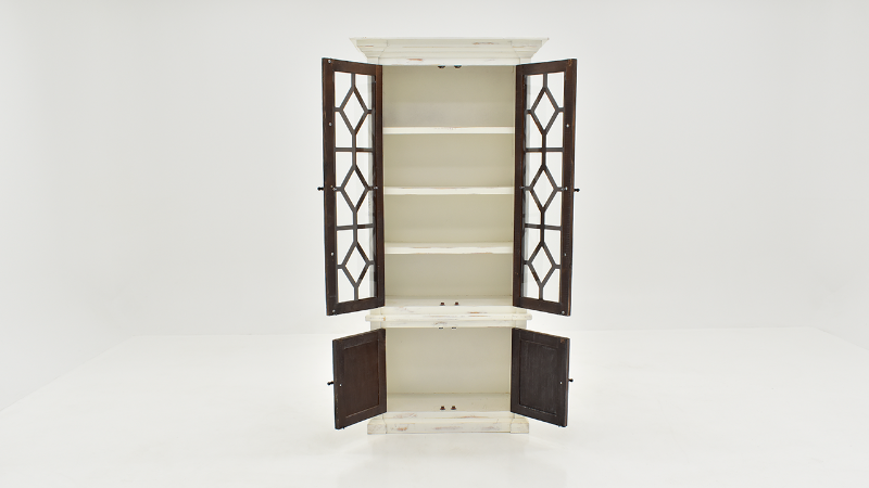 Front Facing with the Doors Open on the Diamond Vitrine Cabinet by Vintage Furniture - White Base with Brown Doors | Home Furniture Plus Bedding