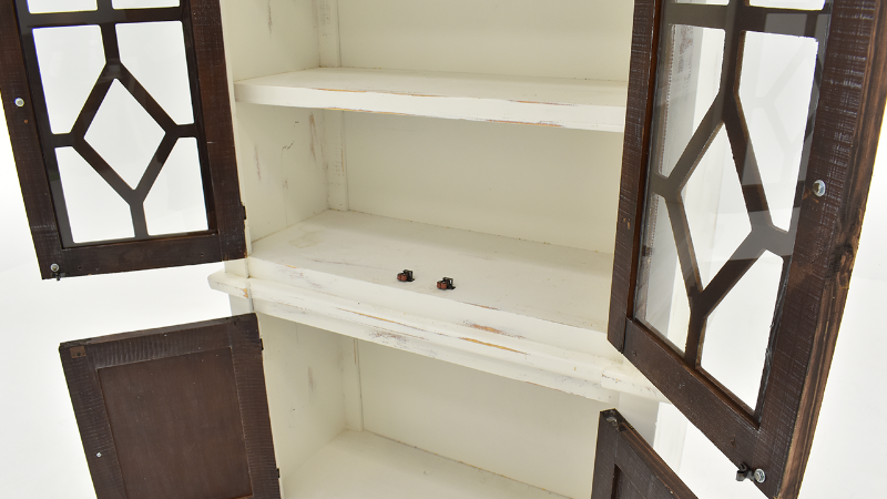 Close Up of Interior Storage on the Diamond Vitrine Cabinet by Vintage Furniture - White Base with Brown Doors | Home Furniture Plus Bedding