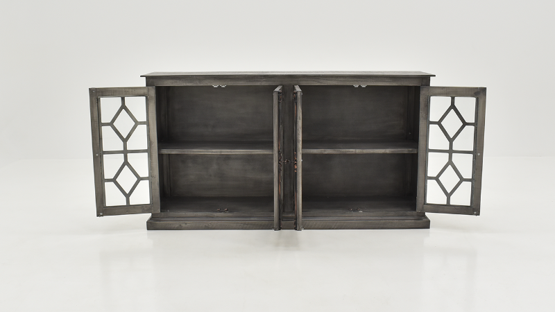 View with Doors Open on the Diamond 4 Door Console Cabinet or TV Stand by Vintage - Gray | Home Furniture Plus Bedding