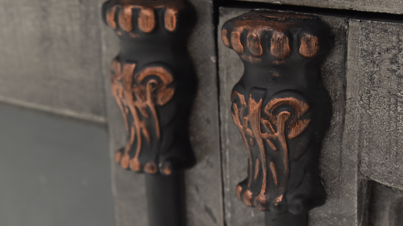 Close Up of the Ornate Door Accents on the Diamond 4 Door Console Cabinet or TV Stand by Vintage - Gray | Home Furniture Plus Bedding