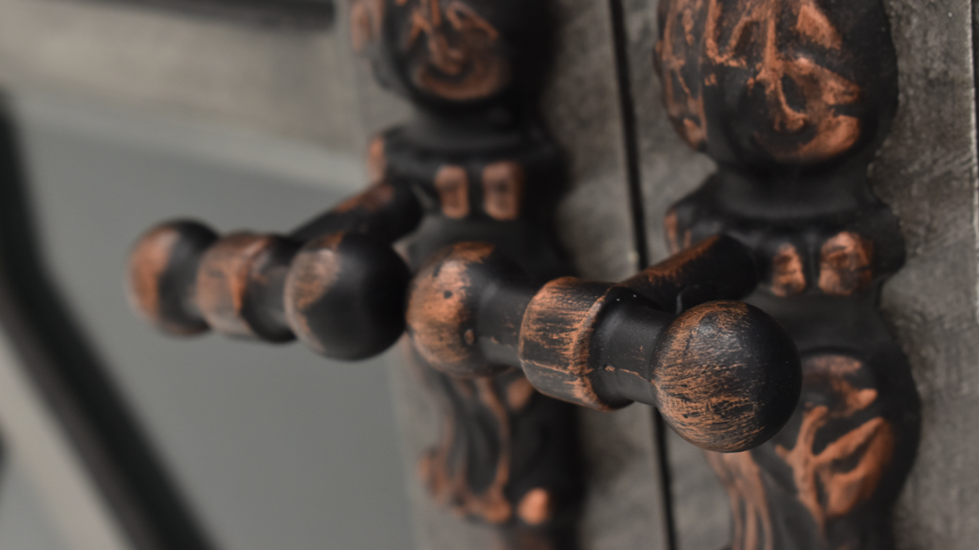 Close Up of the Ornate Door Pulls on the Diamond 4 Door Console Cabinet or TV Stand by Vintage - Gray | Home Furniture Plus Bedding