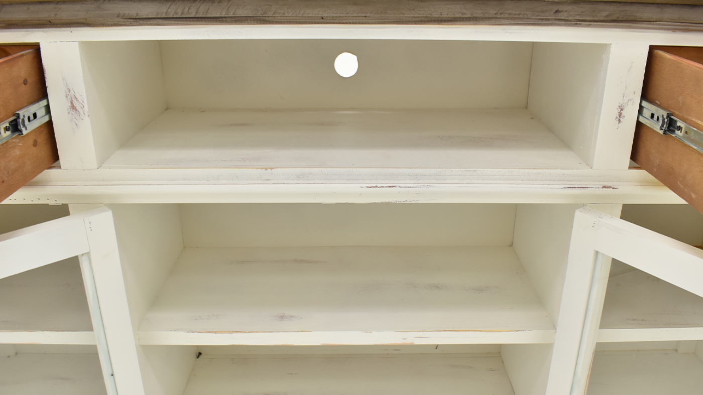 Close Up of the Center Storage on the Charleston TV Stand Console Cabinet with Door Open, Front Facing - White | Home Furniture Plus Bedding