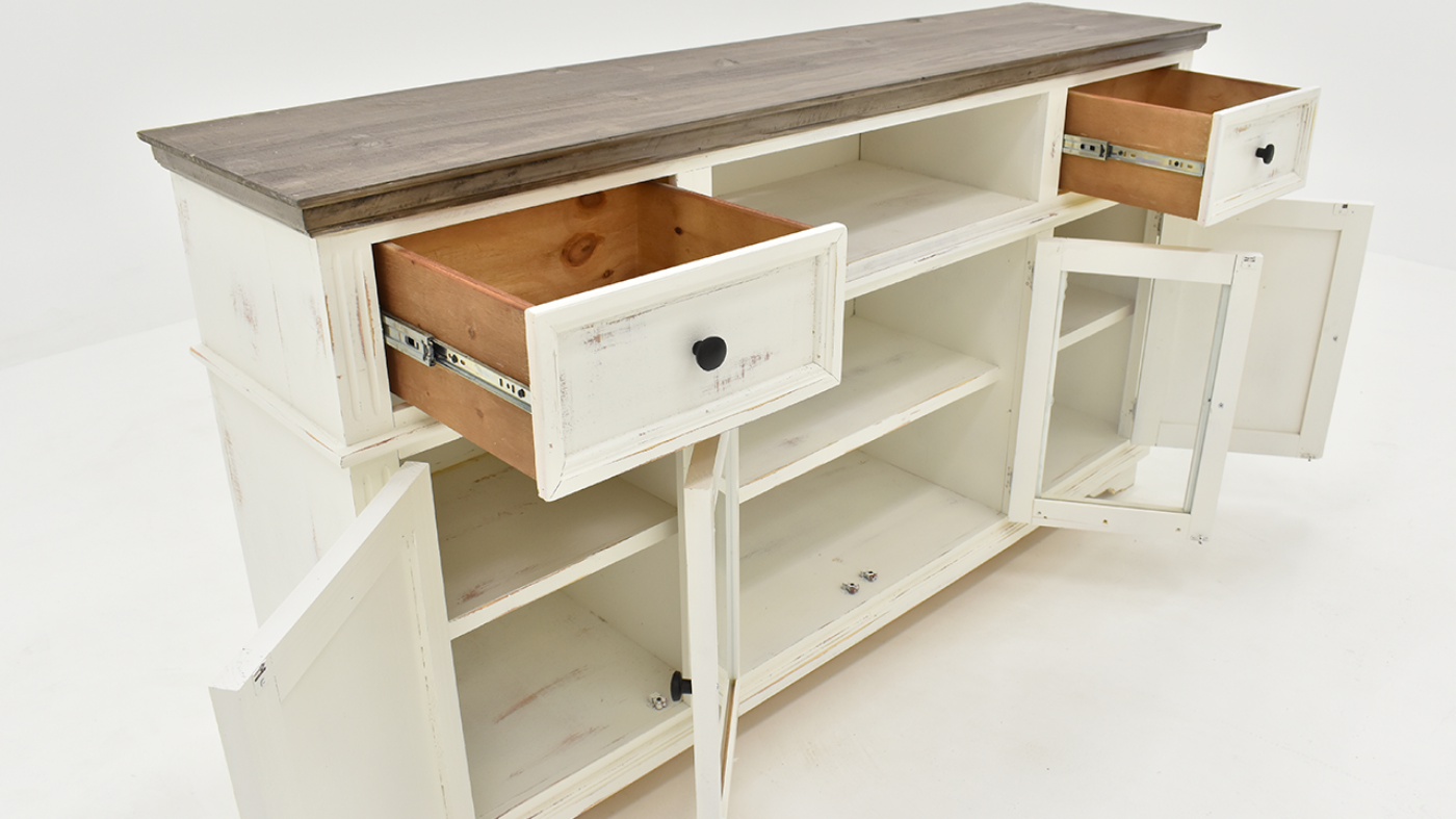 Angled View of the Charleston TV Stand Console Cabinet with Door Open, Front Facing - White | Home Furniture Plus Bedding