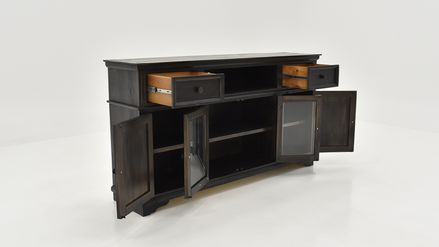 Angled View with the Doors and Drawers Open on the Charleston TV Stand Console Cabinet - Mink Brown | Home Furniture Plus Bedding	