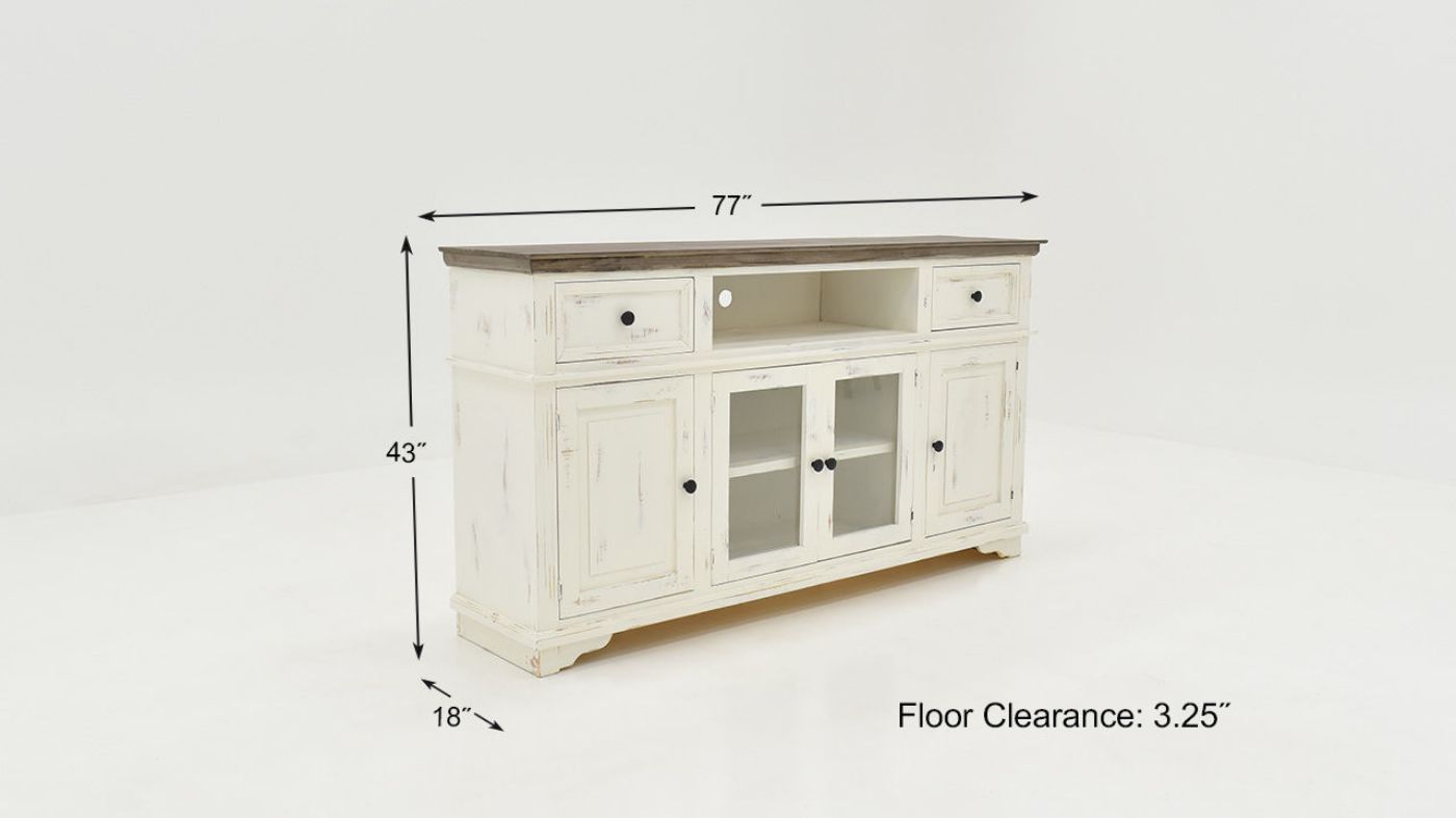 Dimension Details of the Charleston TV Stand Console Cabinet in White with Gray Top by Vintage Furniture | Home Furniture Plus Bedding