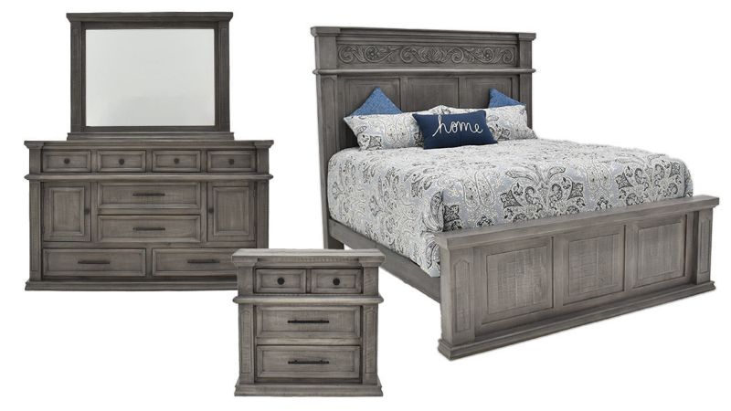 Front Facing View of the Gabriella Queen Size Bedroom Set in Terra Gray by Vintage Furniture (includes Queen Bed, Dresser with Mirror, and Nightstand) | Home Furniture Plus Bedding