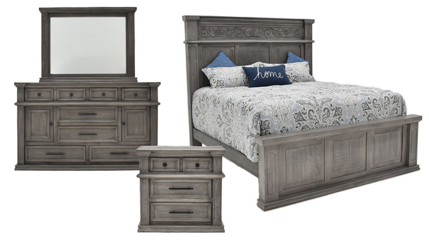 Front Facing View of the Gabriella King Size Bedroom Set in Terra Gray by Vintage Furniture (includes King Bed, Dresser with Mirror, and Nightstand) | Home Furniture Plus Bedding