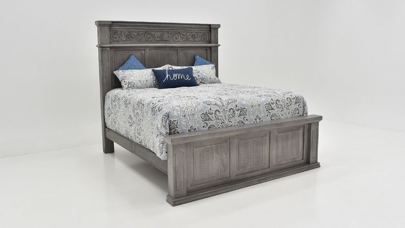 Slightly Angled View of the Gabriella Queen Size Panel Bed in Terra Gray by Vintage Furniture | Home Furniture Plus Bedding
