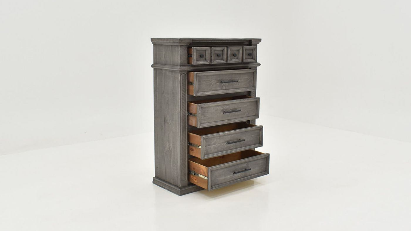Slightly Angled View with Open Drawers of the Gabriella Chest of Drawers in Terra Gray by Vintage Furniture | Home Furniture Plus Bedding