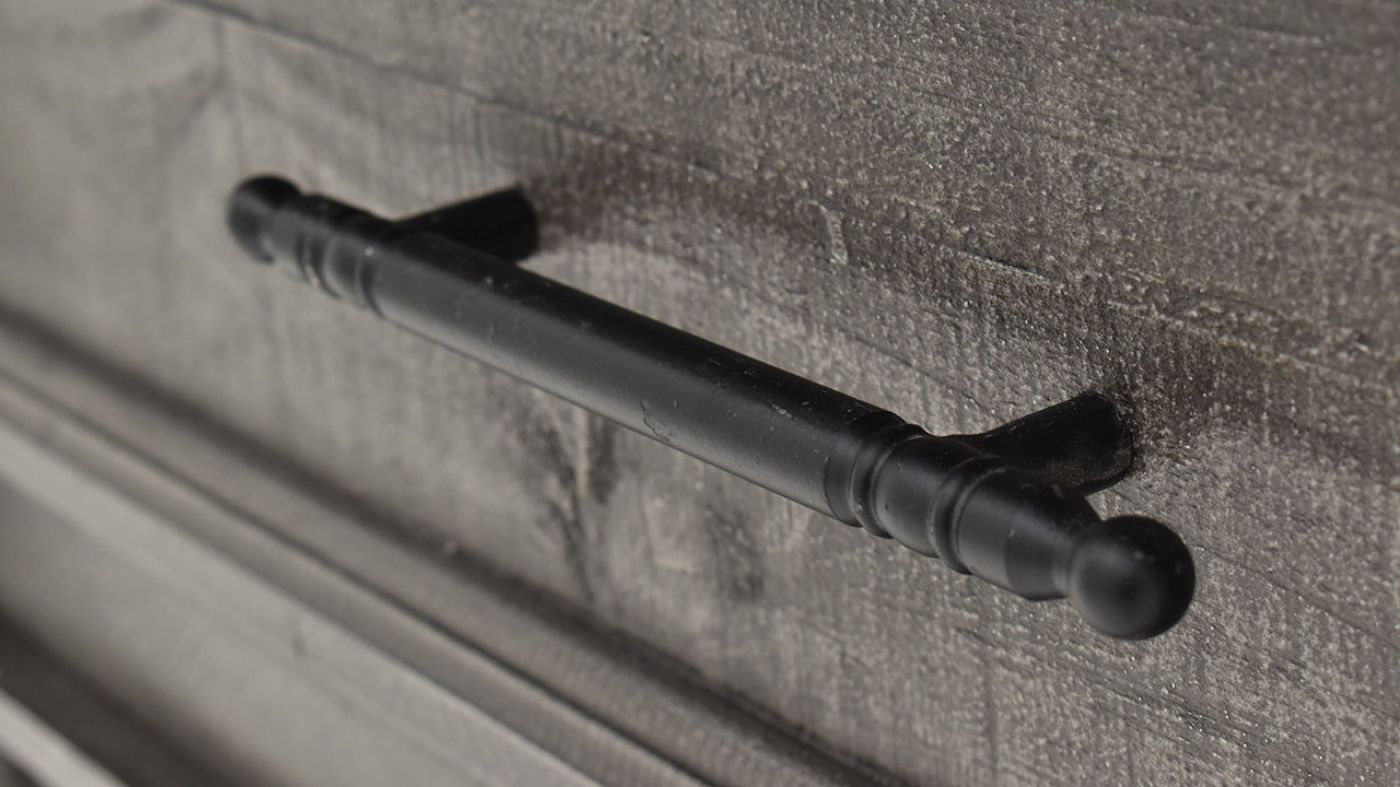 Close Up View of the Drawer Pulls on the Gabriella Chest of Drawers in Terra Gray by Vintage Furniture | Home Furniture Plus Bedding