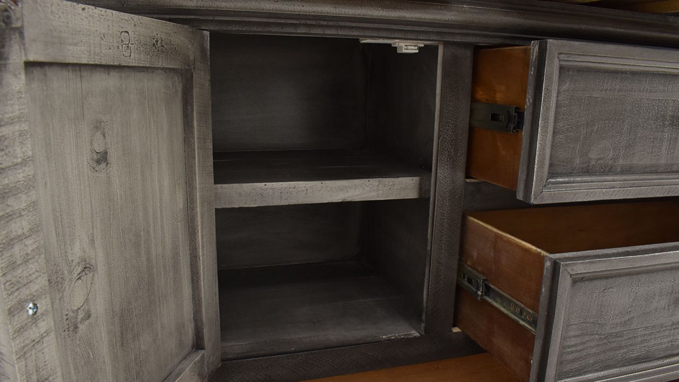 Close Up View  of the Shelf Inside the Open Door of the Gabriella Dresser with Mirror in Terra Gray by Vintage Furniture | Home Furniture Plus Bedding
