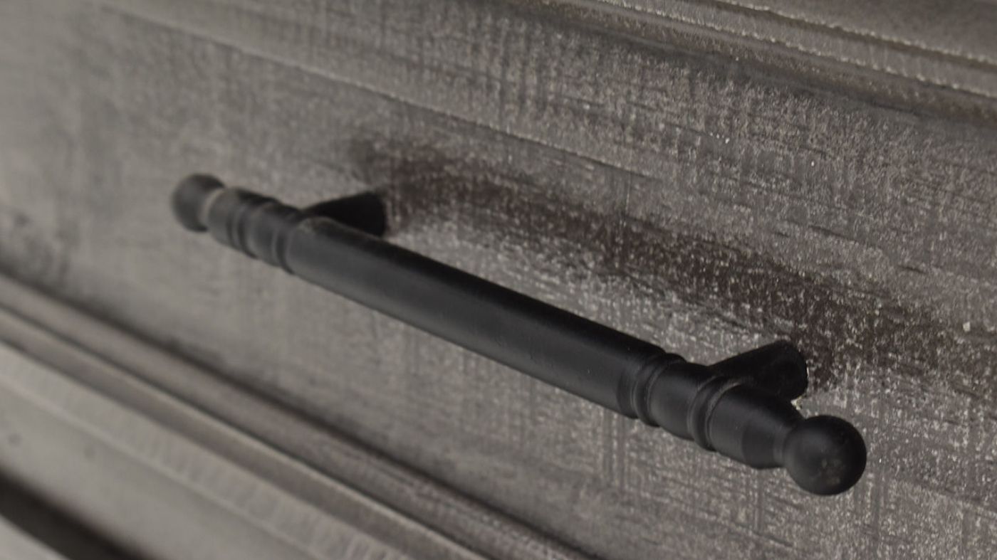 Close Up View  of the Drawer Pull on the Gabriella Dresser with Mirror in Terra Gray by Vintage Furniture | Home Furniture Plus Bedding