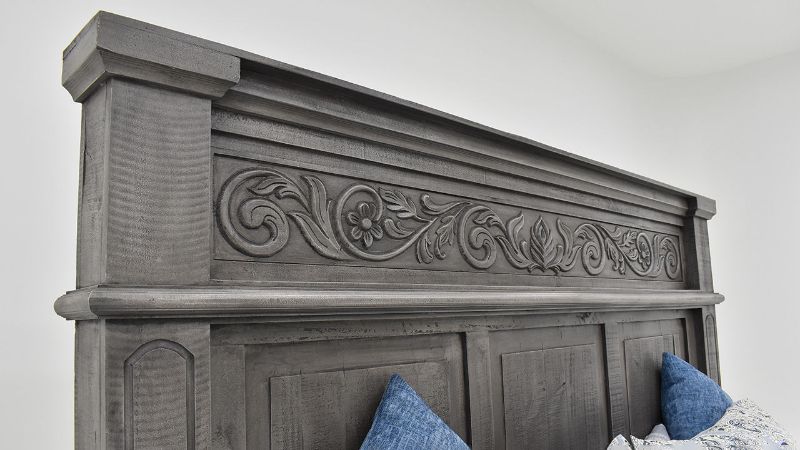 Close Up View of the Headboard on the Gabriella King Size Panel Bed in Terra Gray by Vintage Furniture | Home Furniture Plus Bedding